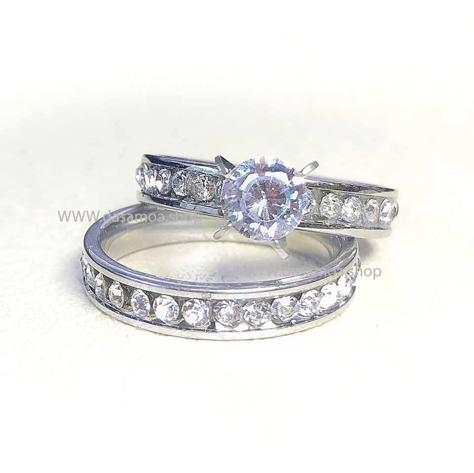 Cubic Double Band Engagement Ring Set Silver